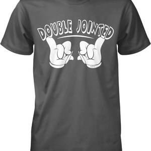 A gray t-shirt with the text "DOUBLE JOINED" printed on it in a playful, cartoon-like font.