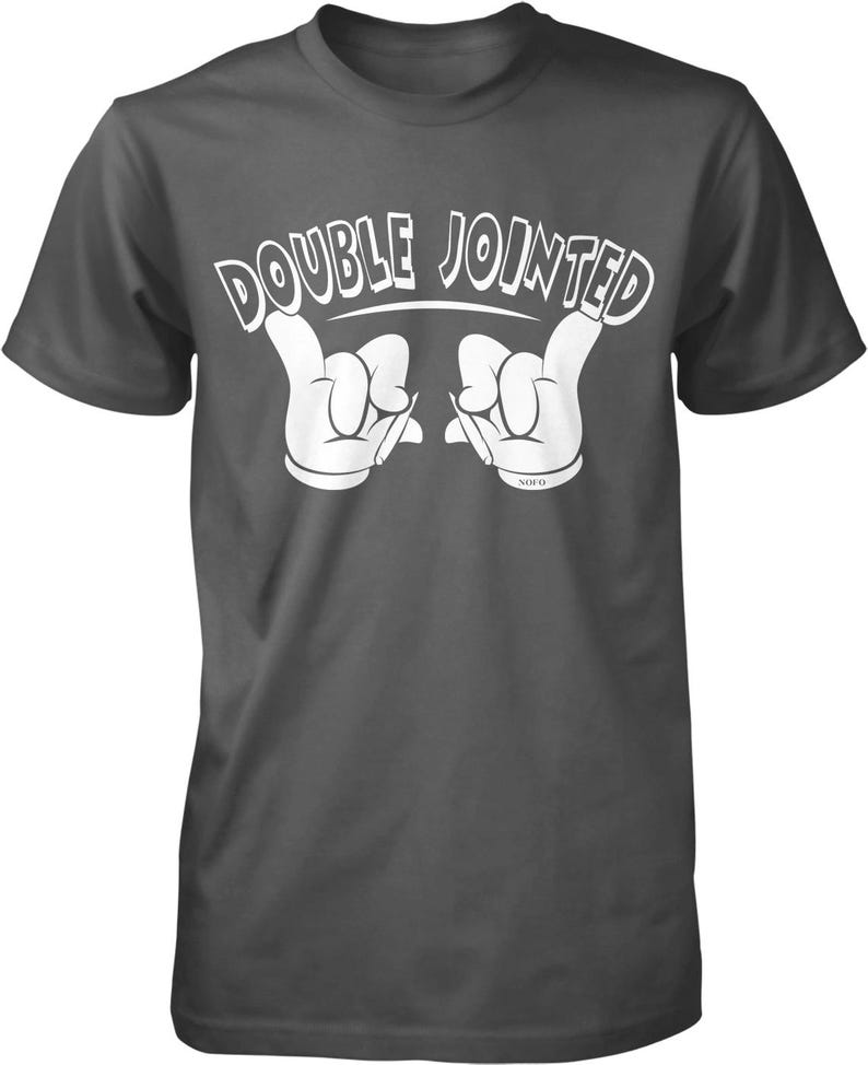 A gray t-shirt with the text "DOUBLE JOINED" printed on it in a playful, cartoon-like font.