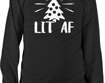 May include: A black long-sleeve shirt featuring a white graphic of a stylized Christmas tree with circular ornaments and a star on top. The text "LIT AF" is printed in white capital letters directly below the tree graphic.