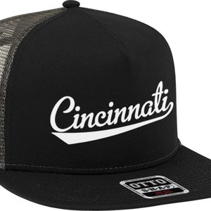 May include: Black and gray trucker hat with a white curved script that says "Cincinnati".