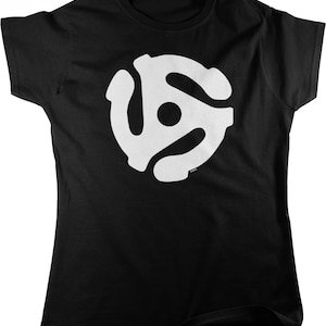 May include: Black t-shirt with a white vinyl record symbol.