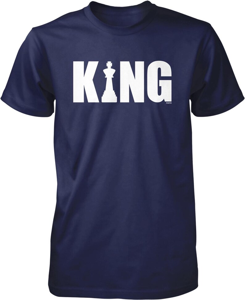A navy blue t-shirt with the word "KING" printed in white letters.
