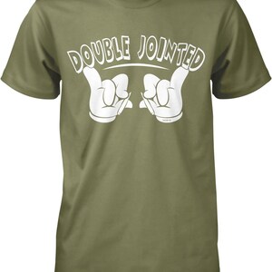 A green t-shirt with the text "DOUBLE JOINED" printed on it, along with a hand gesture.