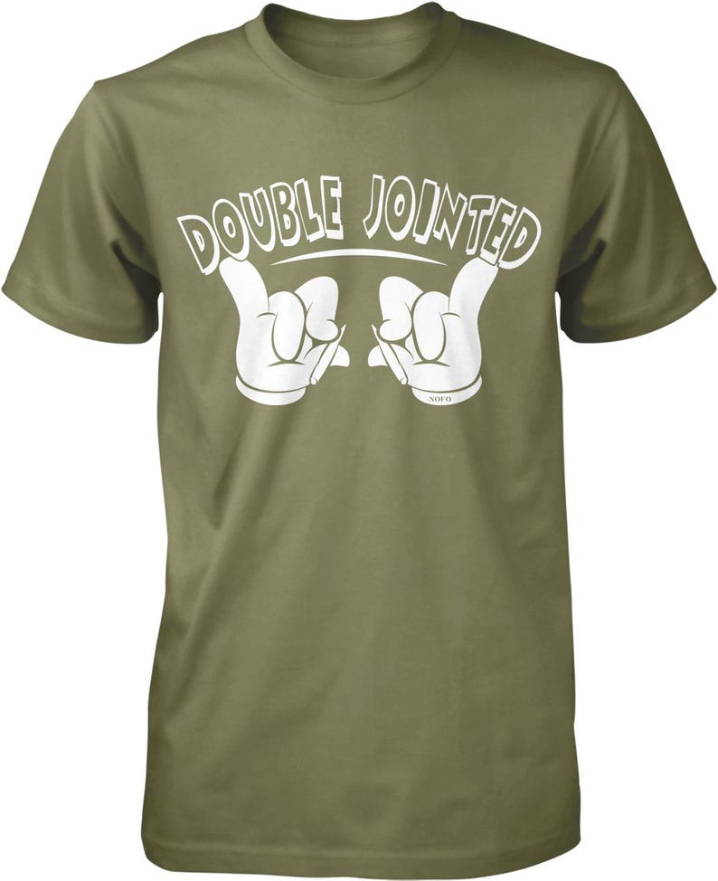 A green t-shirt with the text "DOUBLE JOINED" printed on it, along with a hand gesture.