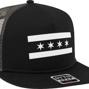 May include: Black and gray trucker hat with a white Chicago flag design. The flag features four white stars on a white stripe.
