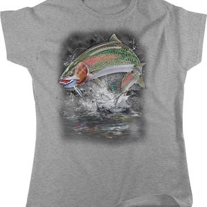 A gray t-shirt with a graphic design depicting a colorful fish jumping out of the water.