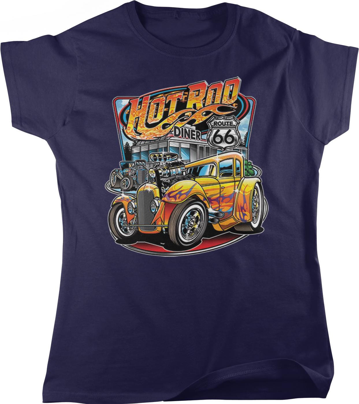 Hot Rod Diner Women's T-shirt, Vintage Flames and Engine (S-XL