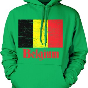 May include: Green hooded sweatshirt with a distressed Belgian flag and the word "Belgium" printed in red.