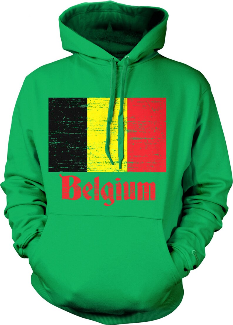 May include: Green hooded sweatshirt with a distressed Belgian flag and the word "Belgium" printed in red.