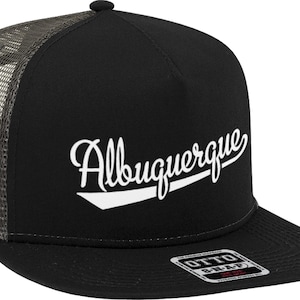 May include: Black and gray trucker hat with a white embroidered logo that says "Albuquerque" in a retro script font.