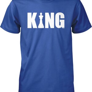 A blue t-shirt with the word "KING" printed in white letters.