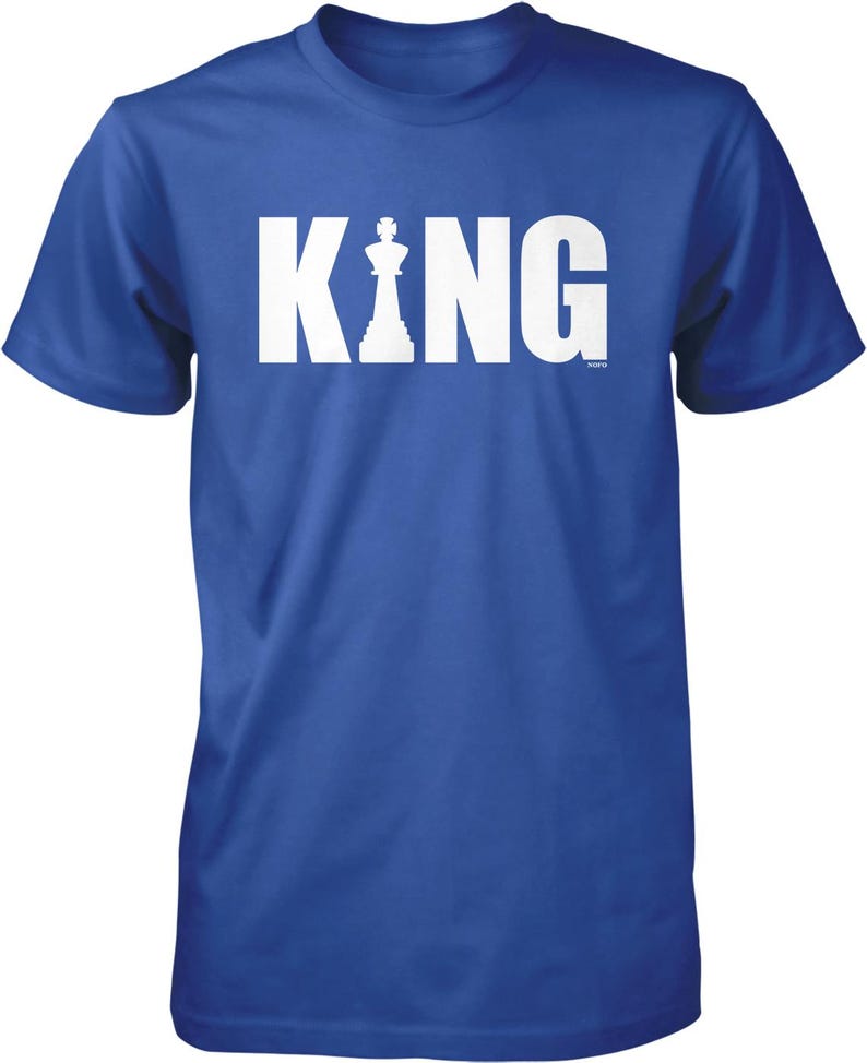 A blue t-shirt with the word "KING" printed in white letters.
