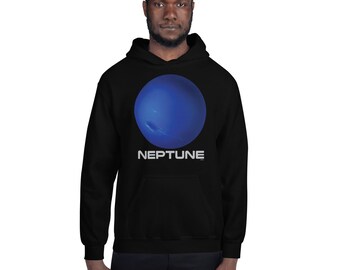 May include: A black hooded sweatshirt featuring a large, circular graphic of the planet Neptune in shades of deep blue. Below the planet, the word NEPTUNE is printed in a bold, light gray, sans-serif font across the center of the chest.
