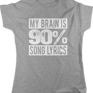 A gray t-shirt with the text "MY BRAIN IS 90% SONG LYRICS" printed on it.