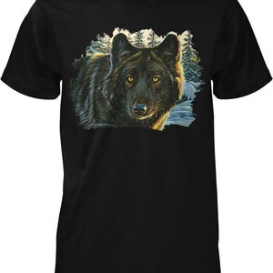Black Wolf T-Shirt: Men's Graphic Tee with Snowy Forest Design, NOFO_00820