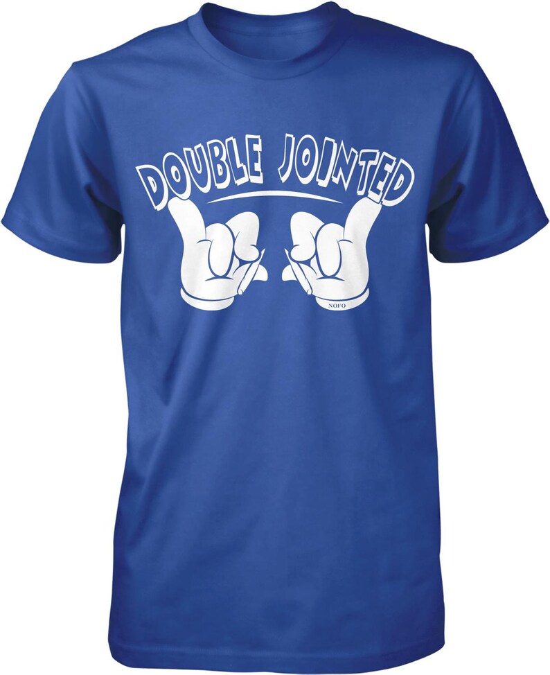 A blue t-shirt with the text "DOUBLE JOINED" printed on it, along with a hand gesture.