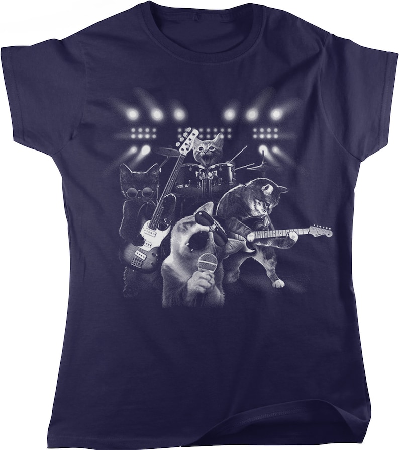 Cat Rock Band, Cats Playing Guitar and Drums Women's T-shirt, NOFO ...