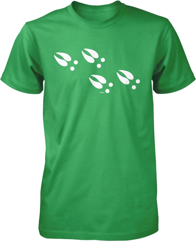 A green t-shirt with white paw prints printed on it.
