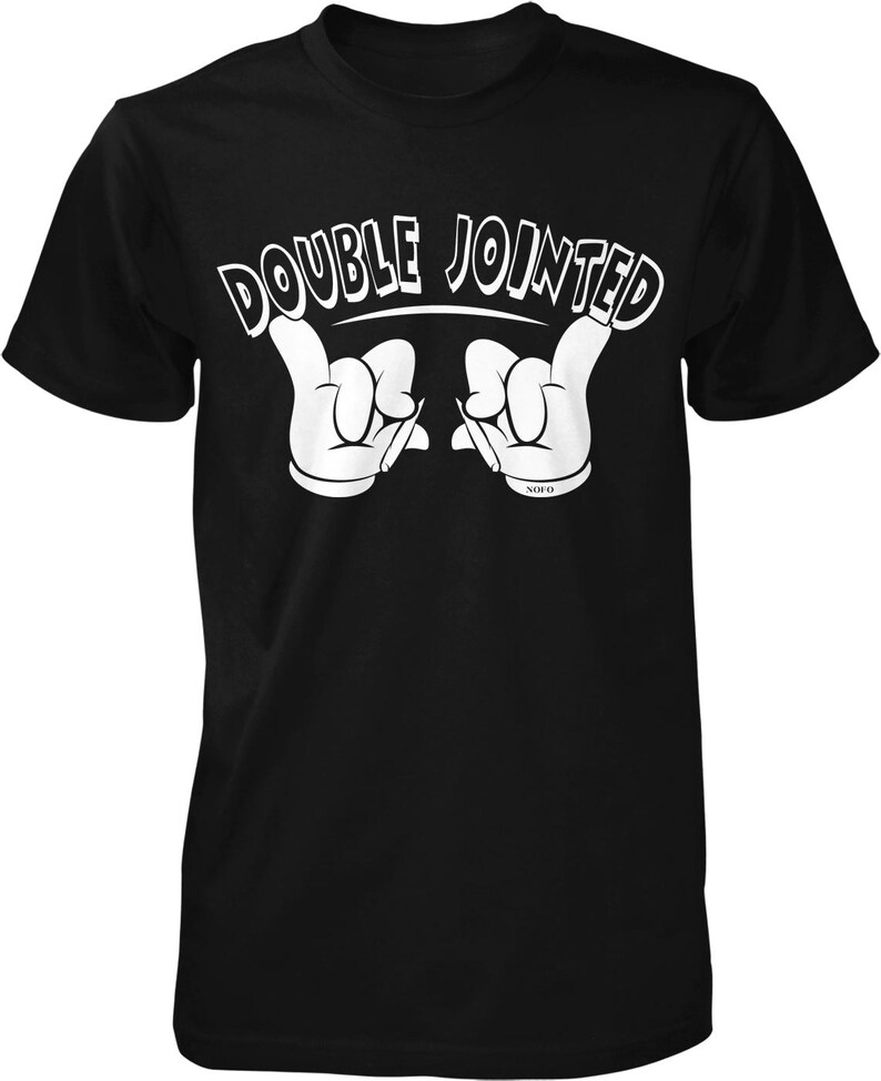 A black t-shirt with a white graphic design that says "DOUBLE JOINED" in a playful, cartoon-like font.