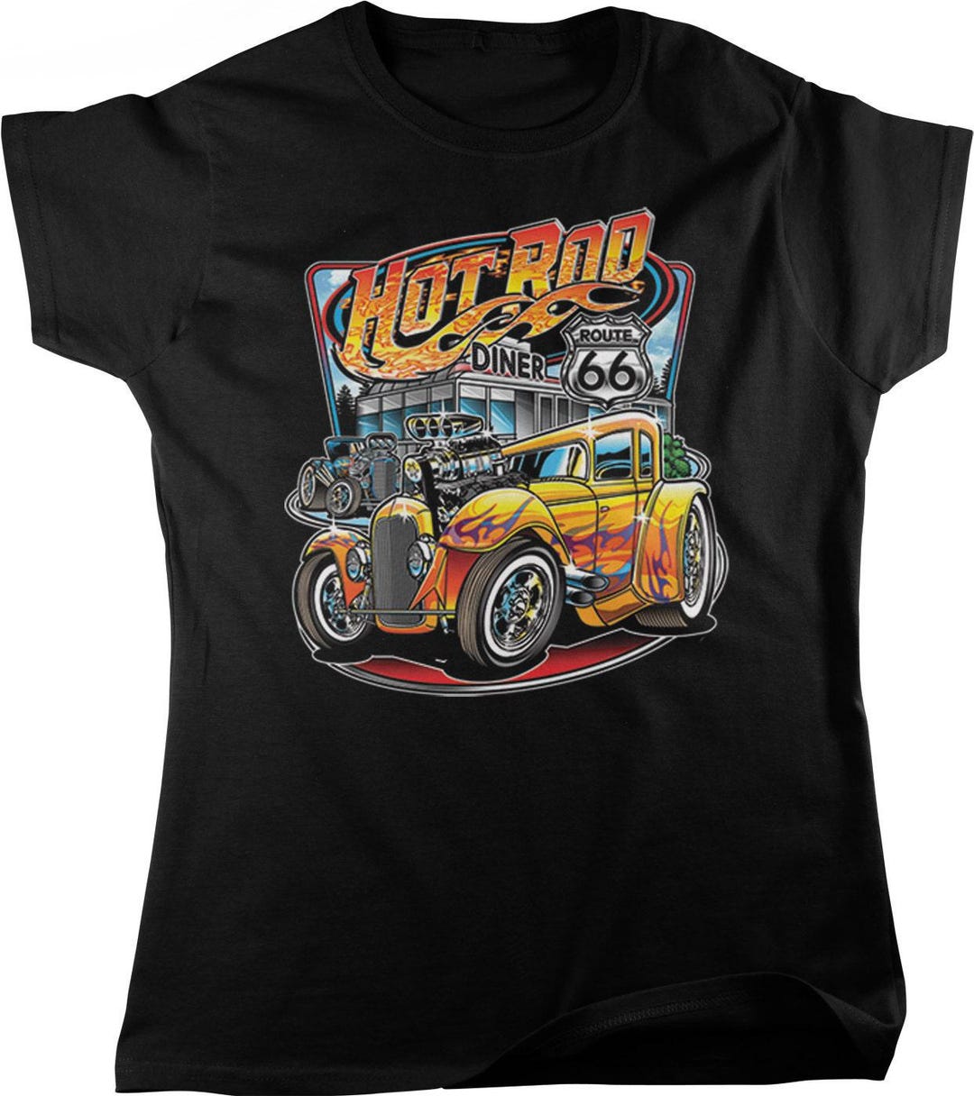Hot Rod Diner Women's T-shirt, Vintage Flames and Engine (S-XL