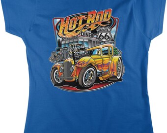 Hot Rod Diner Women's T-shirt, Vintage Flames and Engine (S-XL