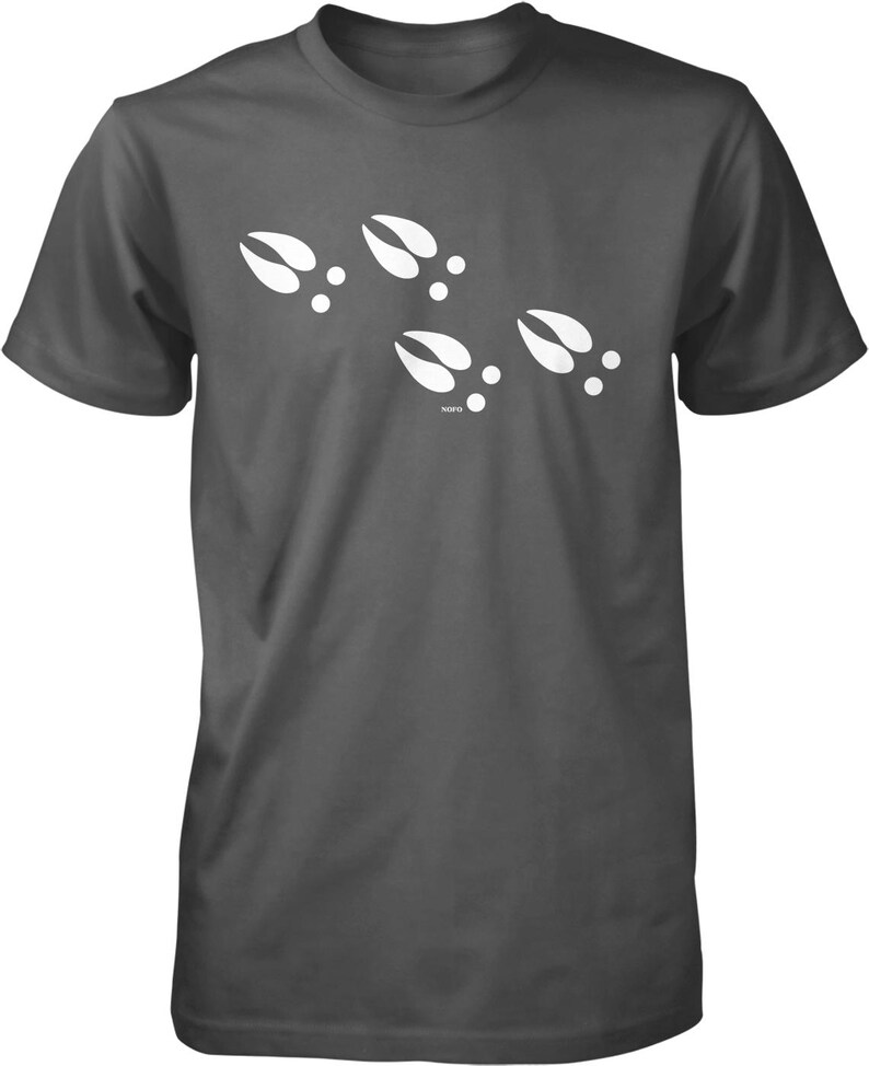 A gray t-shirt with a graphic design of white animal hoof prints.