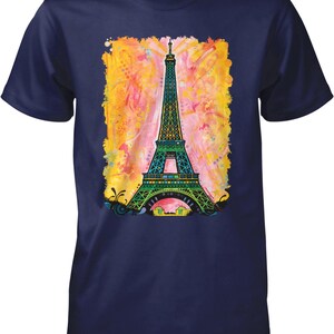 A navy blue t-shirt with a colorful graphic design depicting the Eiffel Tower.