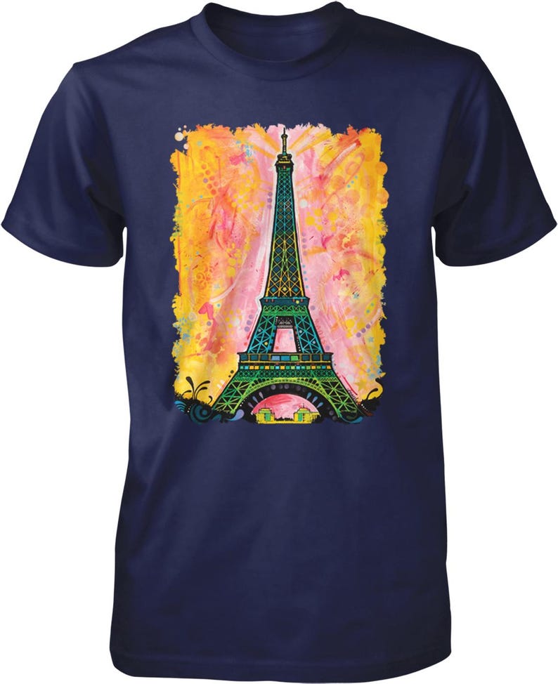 A navy blue t-shirt with a colorful graphic design depicting the Eiffel Tower.