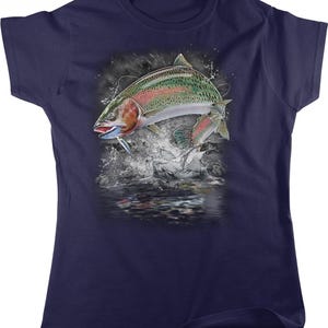 A t-shirt with a graphic design depicting a colorful fish jumping out of the water, surrounded by splashing water and a dark background.