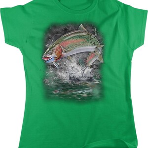 Camiseta de pesca para mujer: Diseño de trucha arcoíris - Algodón suave, NOFO_00301 Irish Green