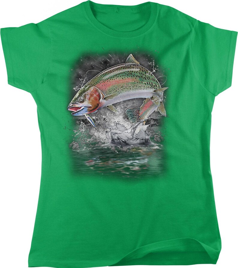 Camiseta de pesca para mujer: Diseño de trucha arcoíris - Algodón suave, NOFO_00301 Irish Green