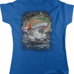 A blue t-shirt with a graphic design depicting a colorful fish jumping out of the water.