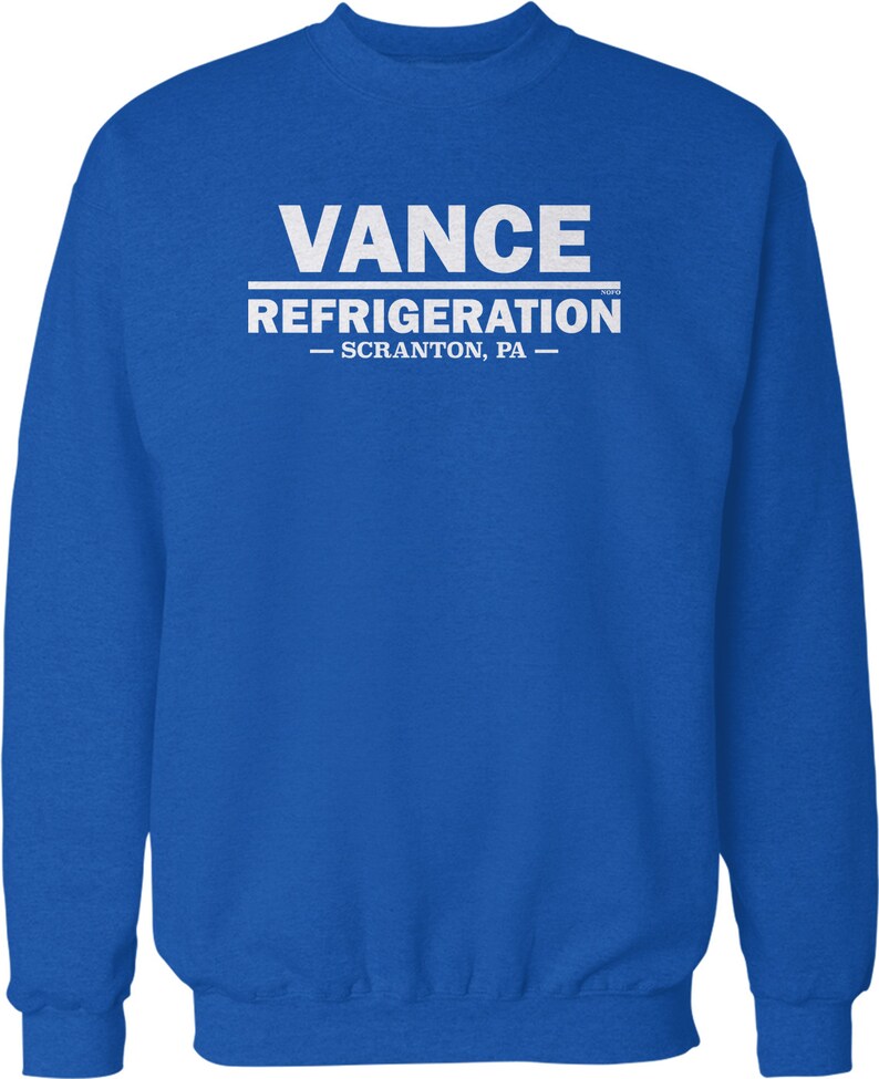 K&ouml;nnte beinhalten: K&ouml;nigsblauer Pullover mit wei&szlig;em Text, der "VANCE REFRIGERATION - SCRANTON, PA - " lautet.