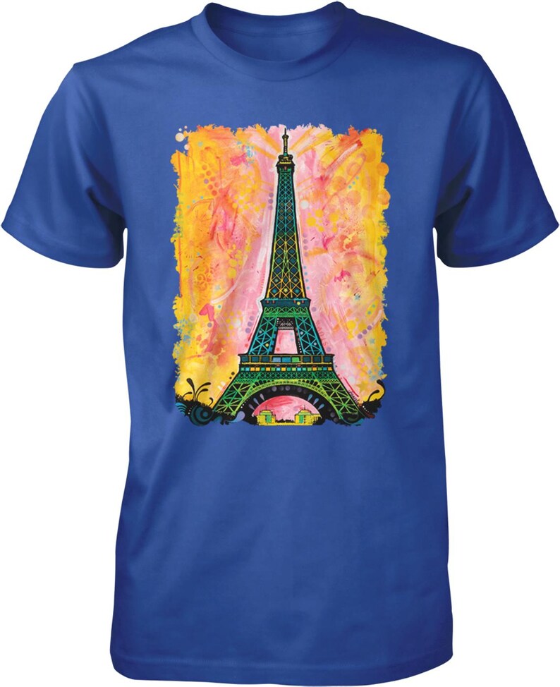A blue t-shirt with a colorful painting of the Eiffel Tower in the center.