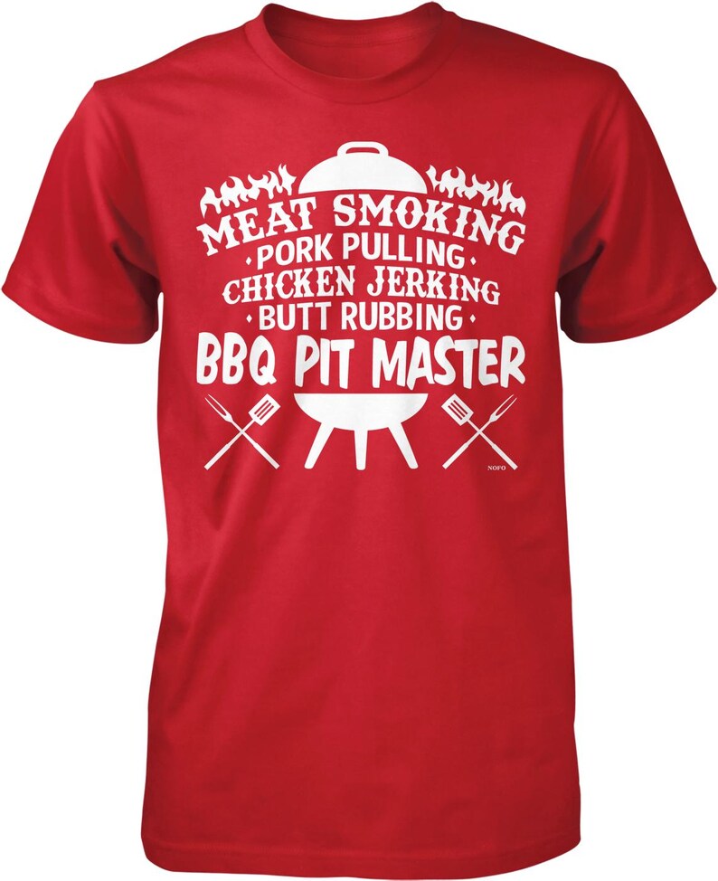 A red t-shirt with white text and graphics related to BBQ and cooking.