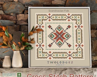 Scandinavian Folk Art Cross Stitch Pattern: Earth Tones (PDF Pattern, 4 in.)