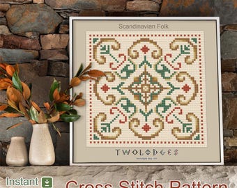 Scandinavian Folk Art Cross Stitch Pattern: Earth Tones (PDF Pattern, 4 in.)