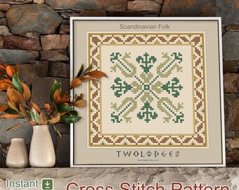 Scandinavian Cross Stitch Pattern: Folk Art Nouveau, Earth Tones (PDF Pattern, 4 in.)
