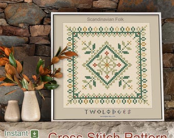 Scandinavian Cross Stitch Pattern: Folk Art Nouveau, Earth Tones (PDF Pattern, 4 in.)
