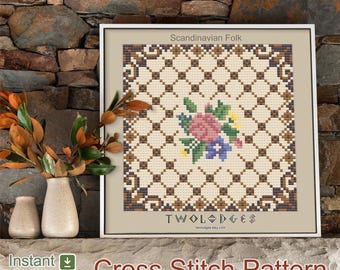 Floral Cross Stitch Pattern, Scandinavian Folk Art (Digital Download)
