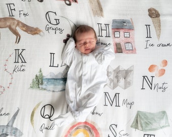 Organic Bamboo Cotton Swaddle Blanket - Alphabet Print