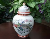 Small Satsuma Japan Ginger Jar, Chinoiserie, Peacock, Beige, Rust, Orange, Cobalt Blue, Ornate, Gilded, Urn, Vase, Decorative, Petite