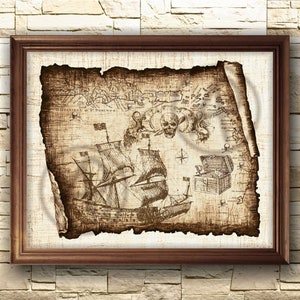 Parchemin dessin carte au trésor des pirates du navire Art déco, carte au trésor dessin pirate, art du bateau pirate, art mural, décoration, téléchargement immédiat