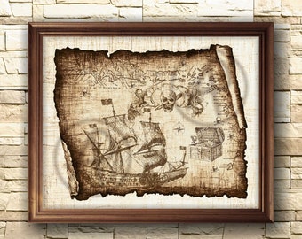 Parchment Drawing Pirates Treasure Map of Ship Art Decor, Pirate Drawing Treasure Map, Pirate Ship Art, Wall Art, Decor, Instant Download