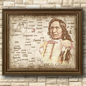 Native Americans Red Cloud Sioux afdrukbaar kunstwerk, Native Americans Art Red Cloud of Indian Tribe kaart, kunst aan de muur, decor, direct downloaden