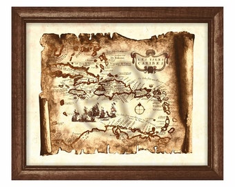 Parchment Spanish Antique Map Caribbean Art Decor, Old Map Caribbean, Caribbean Pirate Art Map, Old Map, Decor, Wall Art, Instant Download