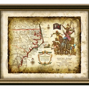Mapa de Carolina del Norte con el arte de Barbanegra pirata, acuarela de los piratas, mapa antiguo, arte mural, decoración, descarga digital