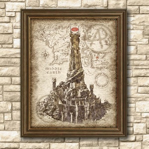 Póster con el mapa de la Torre de Mordor de Sauron, El Señor de los Anillos - Póster con el mapa de la Torre de Mordor de Sauron, arte mural, decoración, descarga instantánea