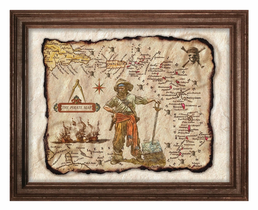Pirates Caribbean of Map Art Poster, Antique Map Caribbean Island, Old ...