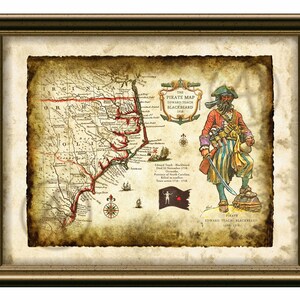 Pirate Blackbeard Portrait Artwork of North Carolina Map, Pirate Printable Art Decor North Carolina Map, Wall Art, Decor, Instant Download